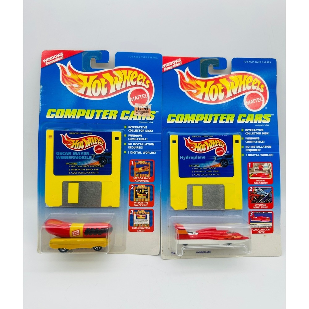 Hot Wheels Computer Cars Oscar Mayer Wienermobile & Hydroplane Floppy Disk 1995